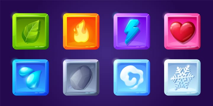 Square boxes that could be game board token or video game UI representing elemental resources.